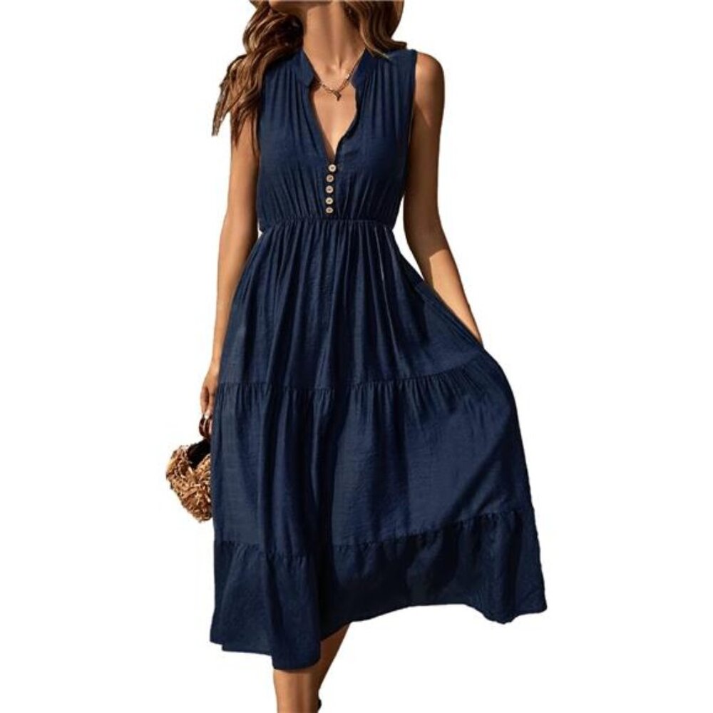 Women's Summer Sleeveless Shirt Dress Collar Striped V Neck Casual Midi Dress